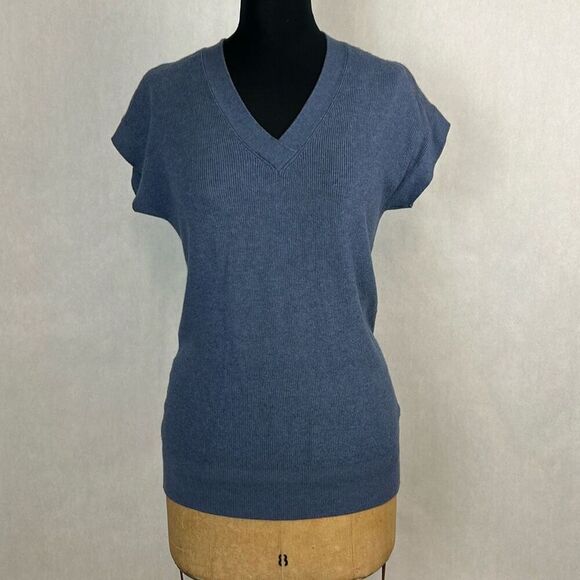 Vila Milano Oversized V-Neck Sweater Short Sleeve Knit Sz Medium Dusty Blue - Picture 1 of 7